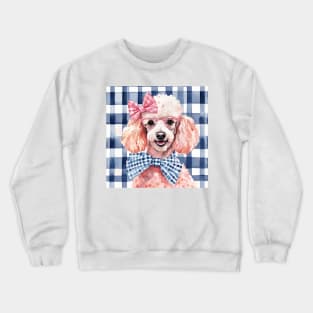 Poodle in pink glasses on blue gingham Crewneck Sweatshirt